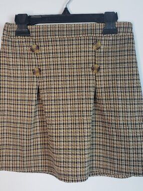Beautees Girls Brown Houndstooth Plaid A-Line Pleated Skirt Size L 14 Button